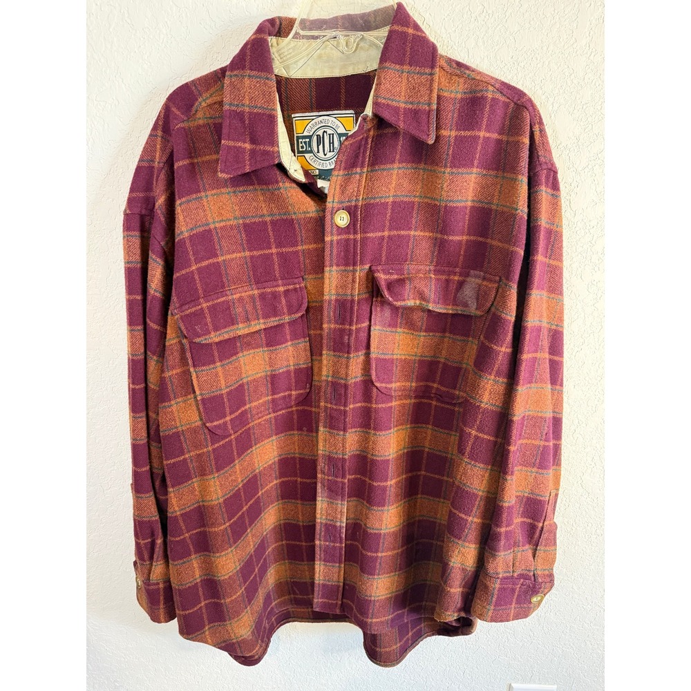 PCH Mens Plaid Flannel Shirt Jacket Burgundy Orange Hybrid Fabric no size tag